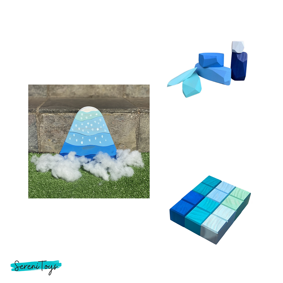 Blue Dino Set and blocks on grass; white clouds; Serenitoys logo Serenitoys