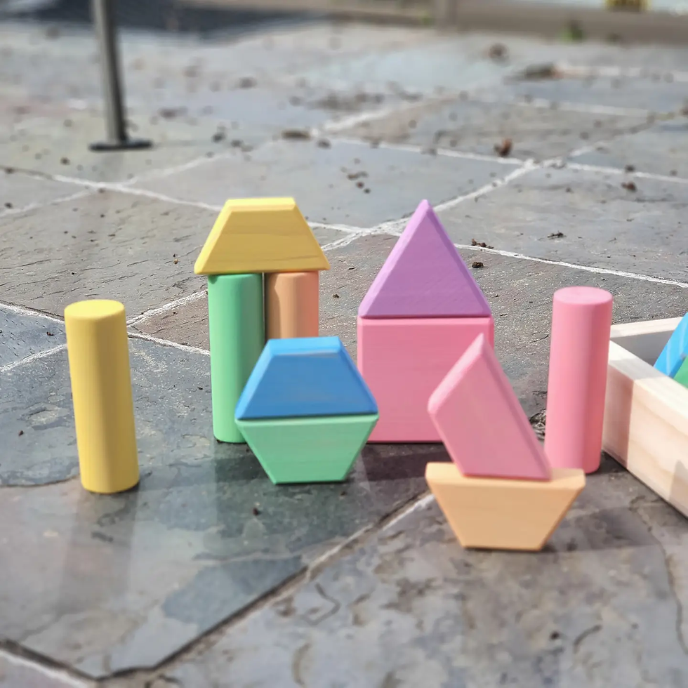 Thumbnail: Colorful wooden blocks arranged, showcasing shapes and a wooden box; Serenitoys Goliath Wooden Blocks
