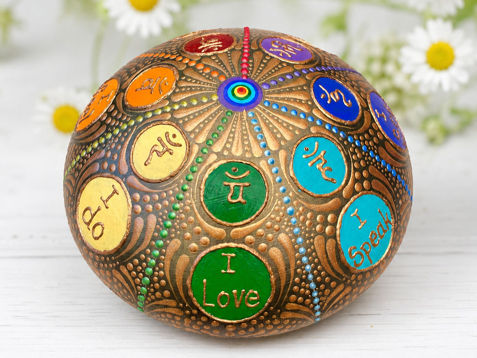 Thumbnail: Handgemaakte en handbeschilderde mandala meditatie steen  in chakra kleuren en symbolen