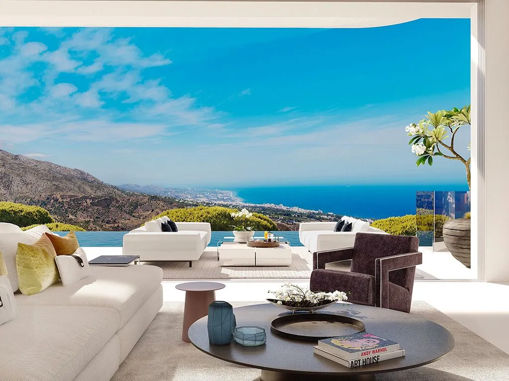 Lounge with pool and sea view