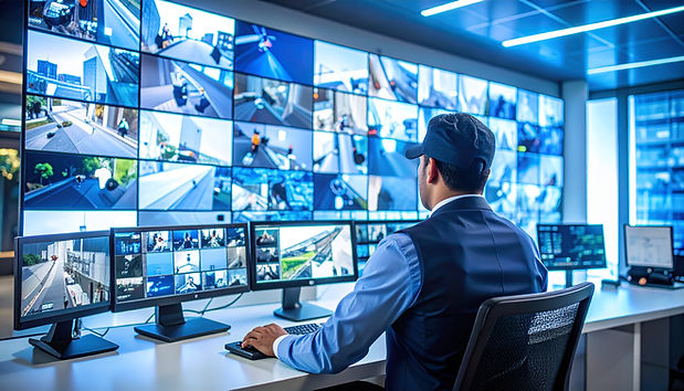 Firefly_un concierge d'immeuble regarde sur les écrans les images fimées par les cameras