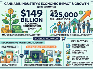 Infographic on cannabis industry's 2025 economic impact: $149B contribution, 425,000 jobs. Features market growth, branding, and key factors.