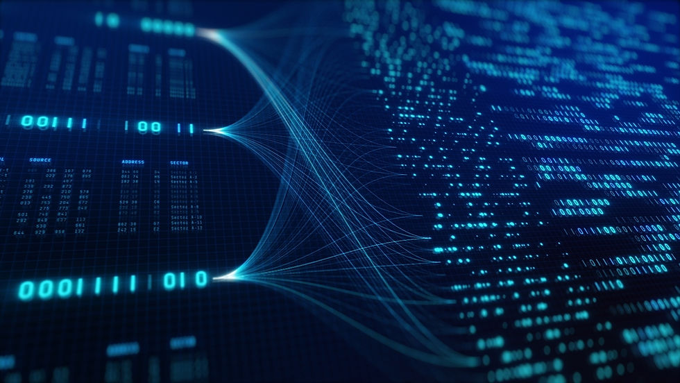 Abstract visualization of a blue digital data network with flowing lines and binary code