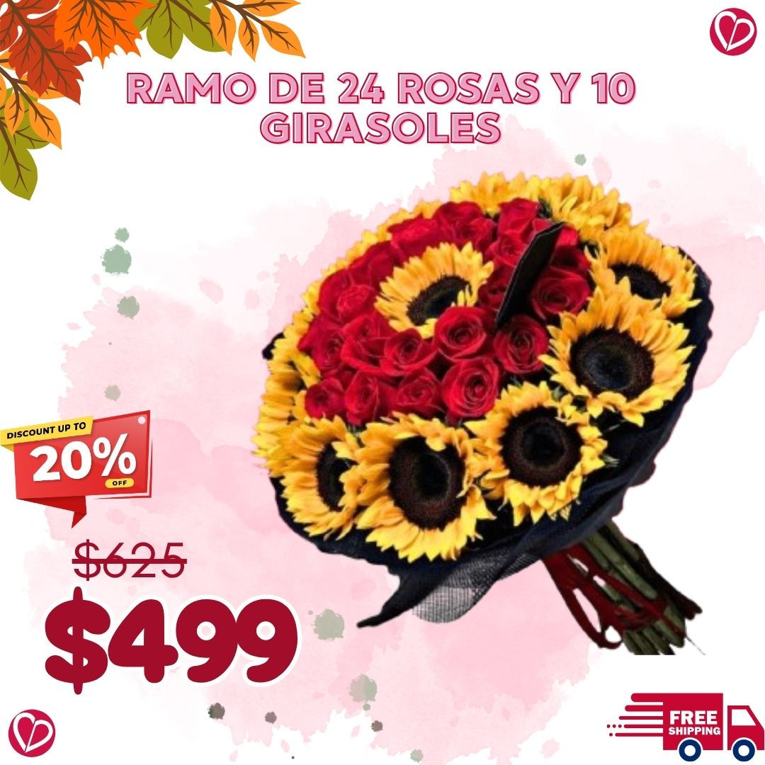 24 rosas y 10 girasoles