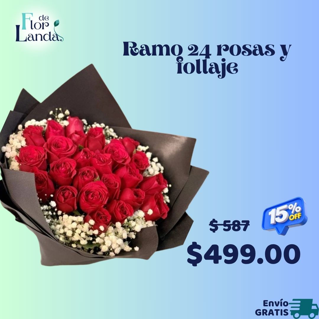 FL. Ramo de 24 rosas y follaje