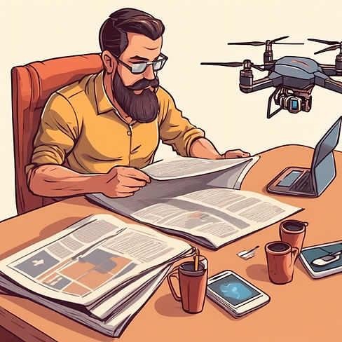 _the man who reads the newspaper at the table and on the table is a drone and equipment.jp
