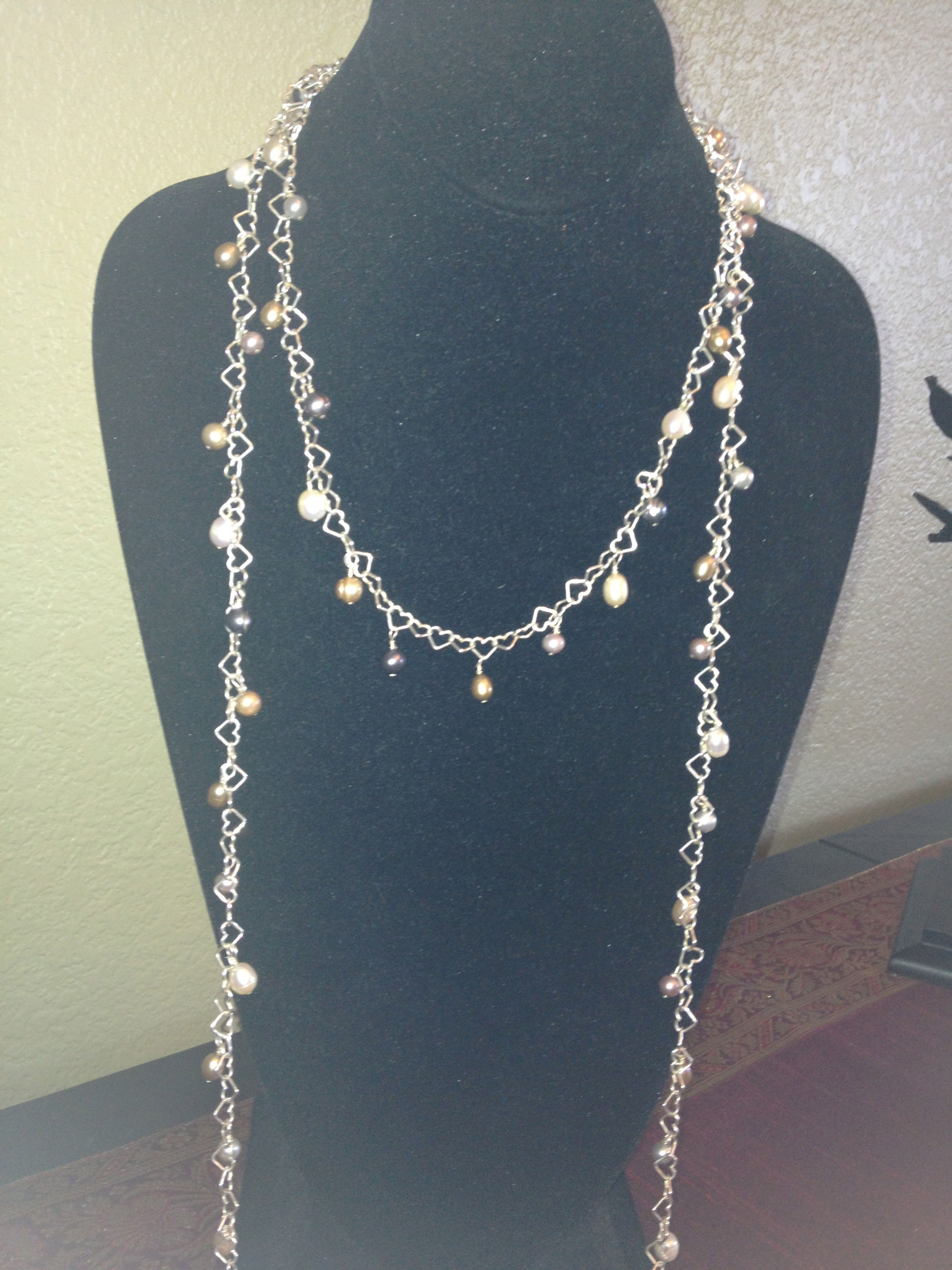 60" Dangling Pearls on SS Heart link necklace