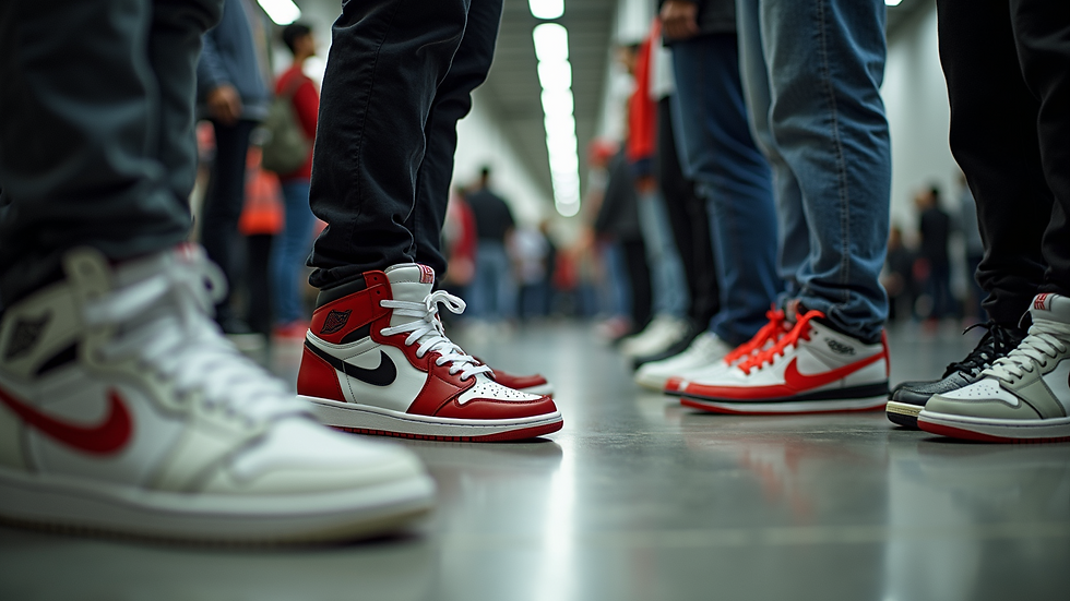 Eye-level view of a sneaker convention with enthusiasts showcasing their collections