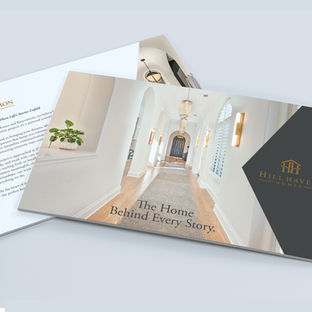 Elegant brochure with hallway image and text overlay.