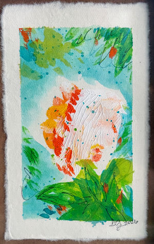Abstract floral painting with vibrant colors.