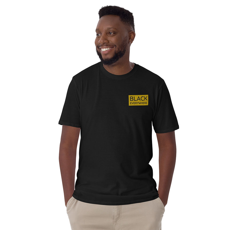 Thumbnail: Man in black tee with embroidered Black Everywhere logo in corner.