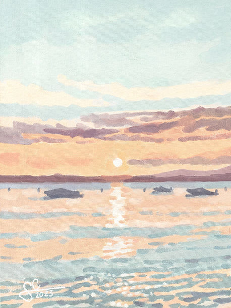 Oil painting of Lake Garda sunset with boats