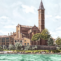 A Gothic church in Verona along the Adige River, depicted in a contemporary Mediterranean-style painting