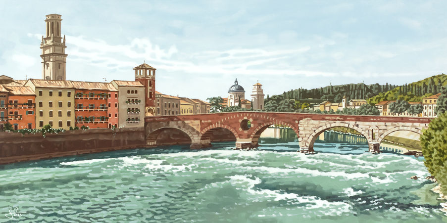 Verona panorama of Ponte Pietra Bridge with a pastel-blue sky and emerald green water