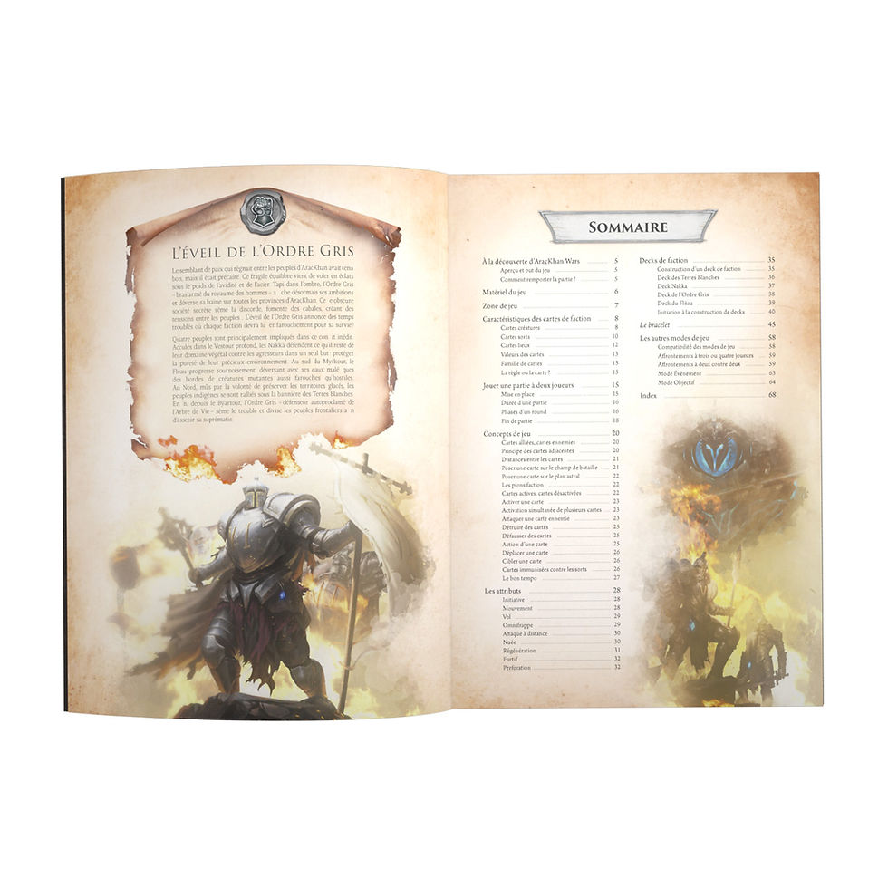 Miniature : Boîte de base d'AracKhan Wars saison 1 L'Éveil de l'Ordre Gris - Guide d'initiation - double page du sommaire