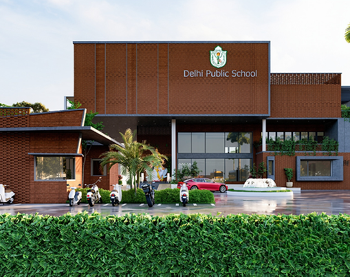 Delhi Public School modern campus design with exposed brick façade, green landscaping, and contemporary educational architecture.