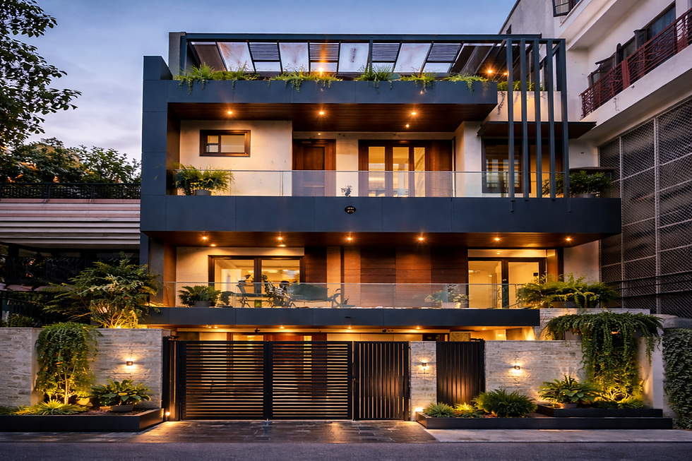 Luxury modern home facade featuring clean lines, warm lighting, glass balcony, and elegant front elevation design.