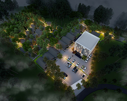 Contemporary villa community with pitched roofs, natural stone textures, warm exterior lighting, and landscaped pathway.