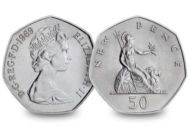 The new 50p coin released in 1969 featuring 'Britannia' reverse and Arnold Machin portrait on reverse