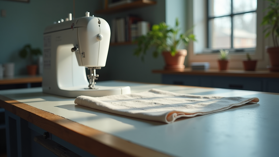 Eye-level view of a sewing machine with fabric on a worktable