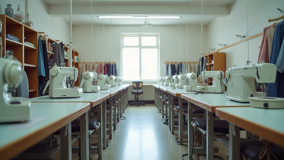 Eye-level view of a fashion classroom with sewing machines and fabrics