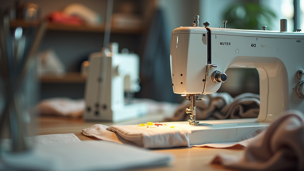 Close-up view of a fashion workshop with sewing machines and fabrics