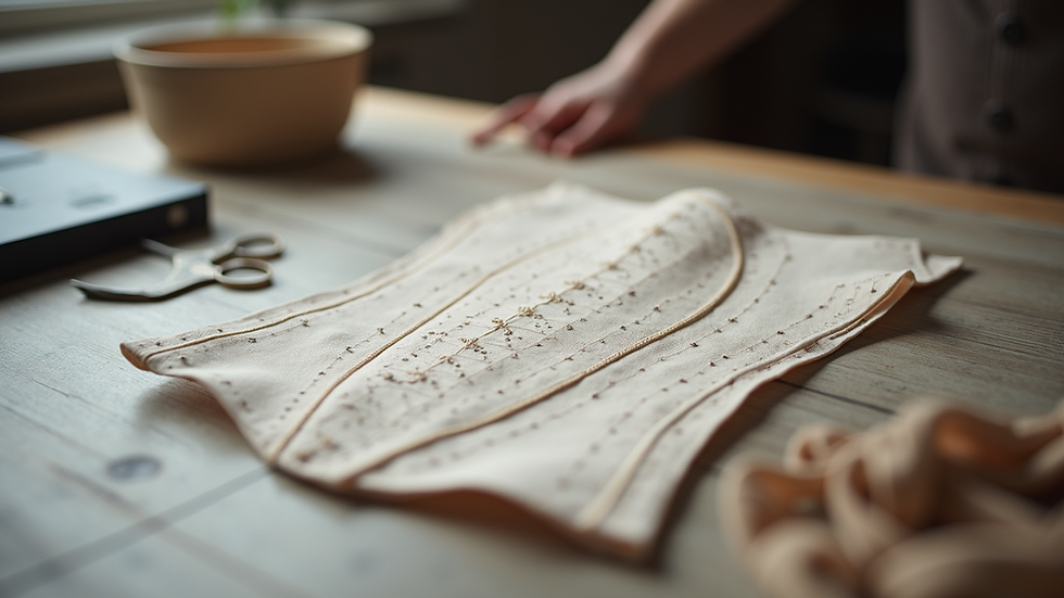 Close-up view of corset pattern and sewing tools on a table