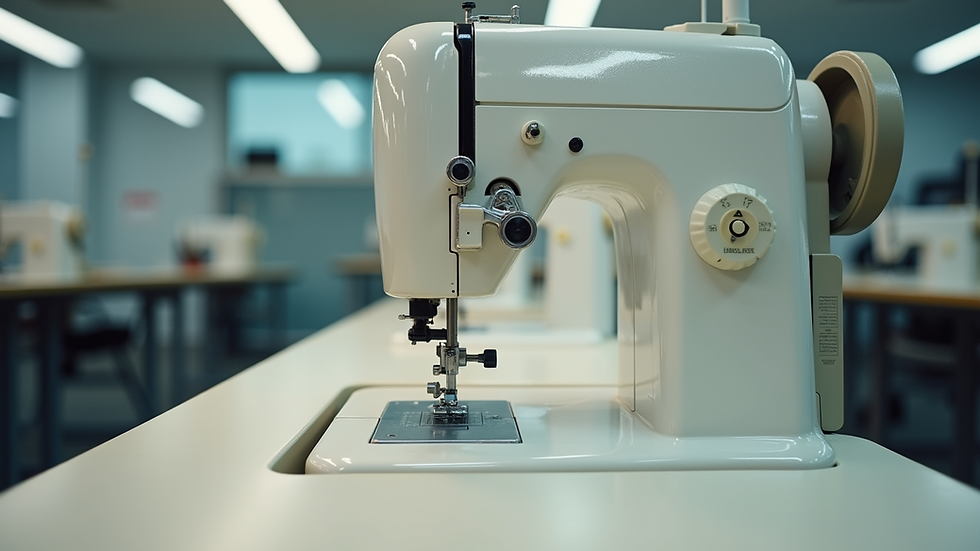 Eye-level view of sewing machines in a fashion classroom