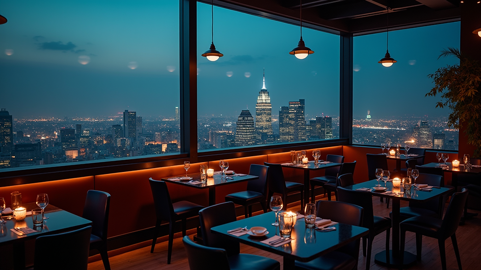 High angle view of a rooftop bar with city skyline at night