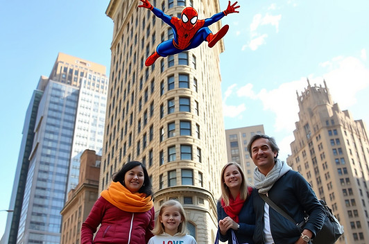 nyc flatiron building family of 4 pic with the cartoon spiderman flying from the building