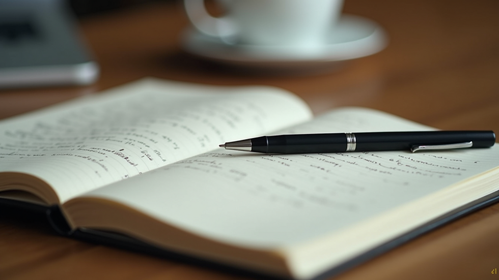 Close-up of a journal with handwritten notes and a pen on a wooden table