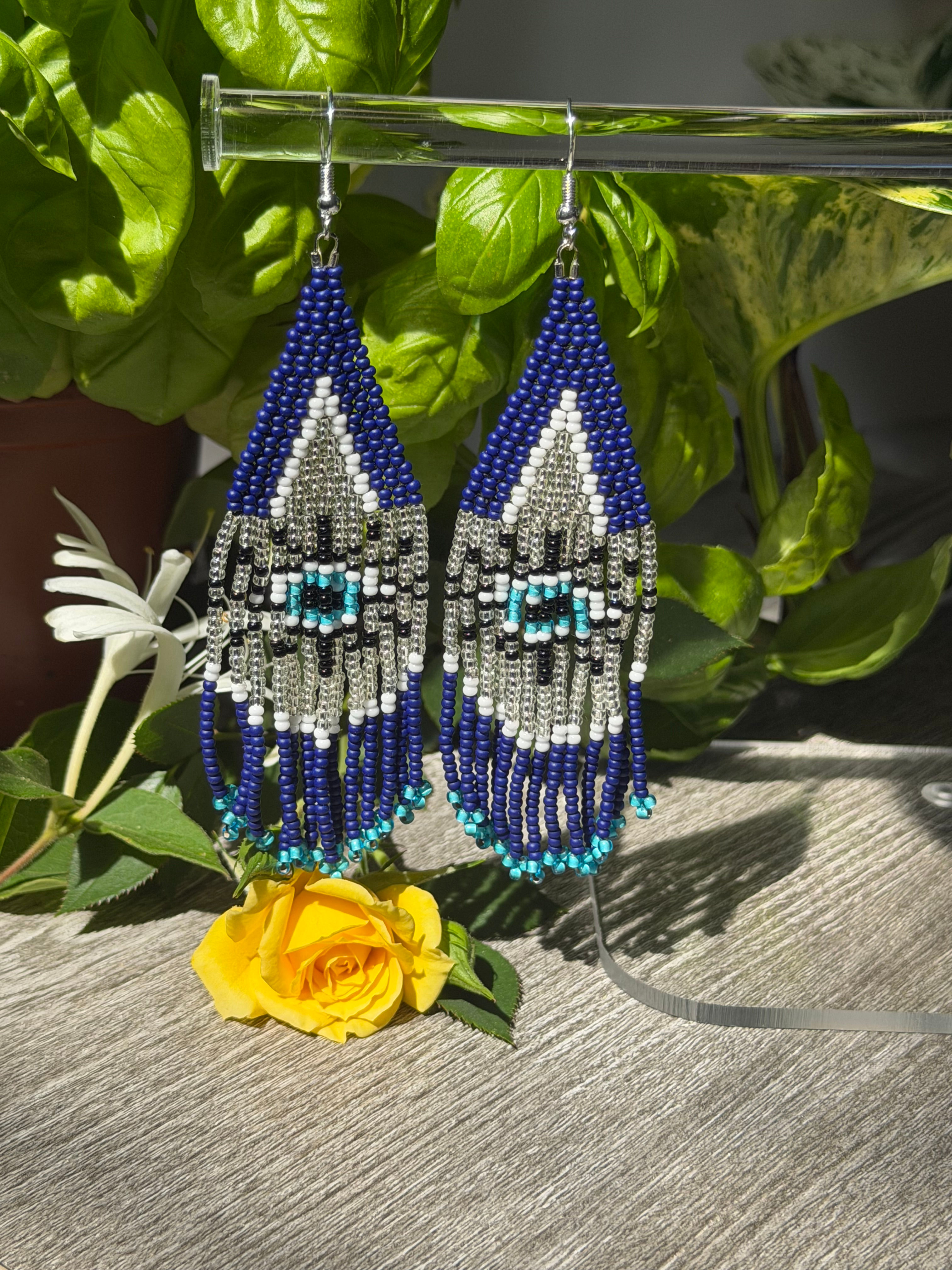 Evil Eye Fringe Earrings — Handbeaded Seed Bead Earrings