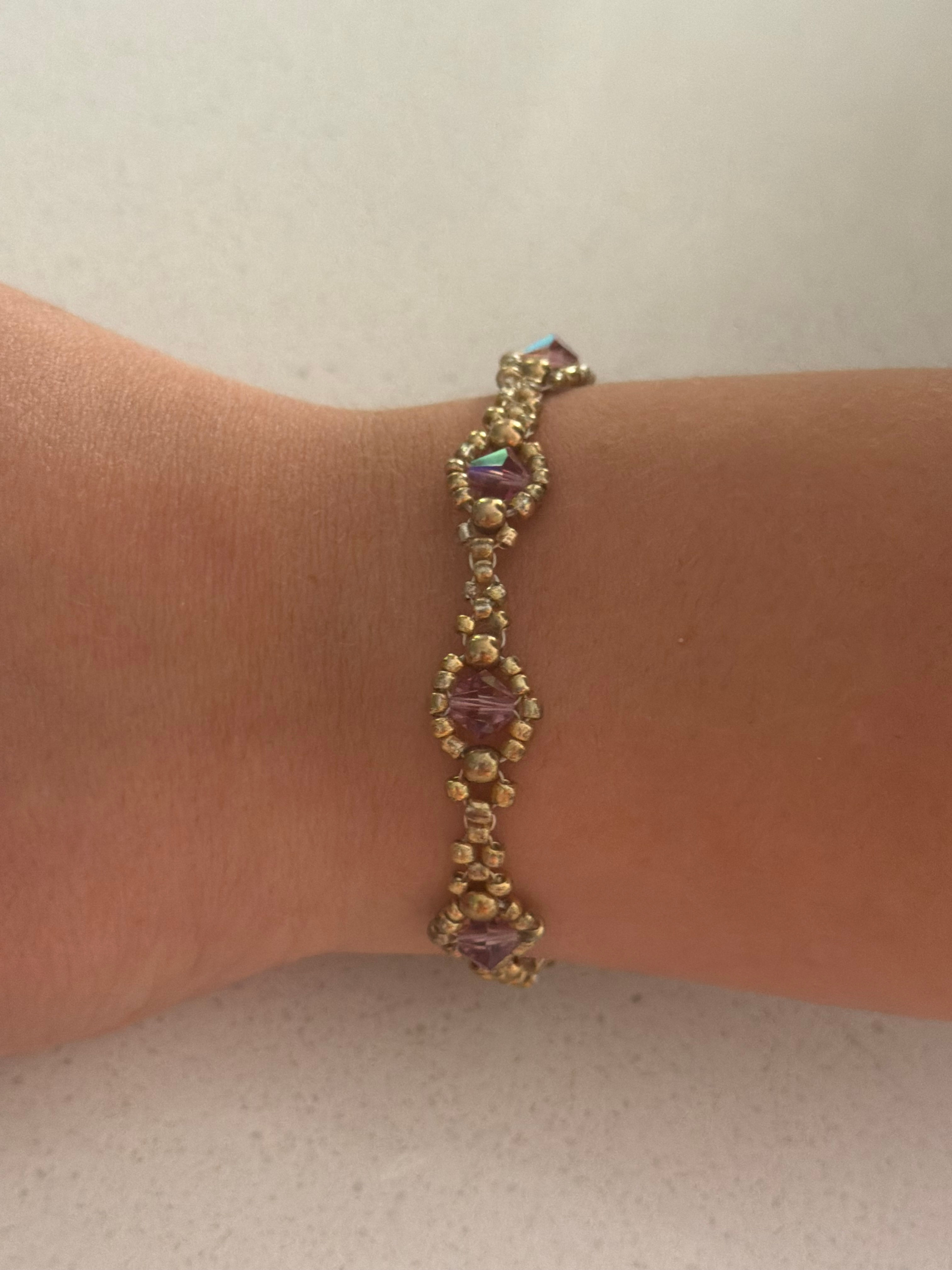 Amethyst & Gold Crystal Flower Bracelet — Hand Beaded