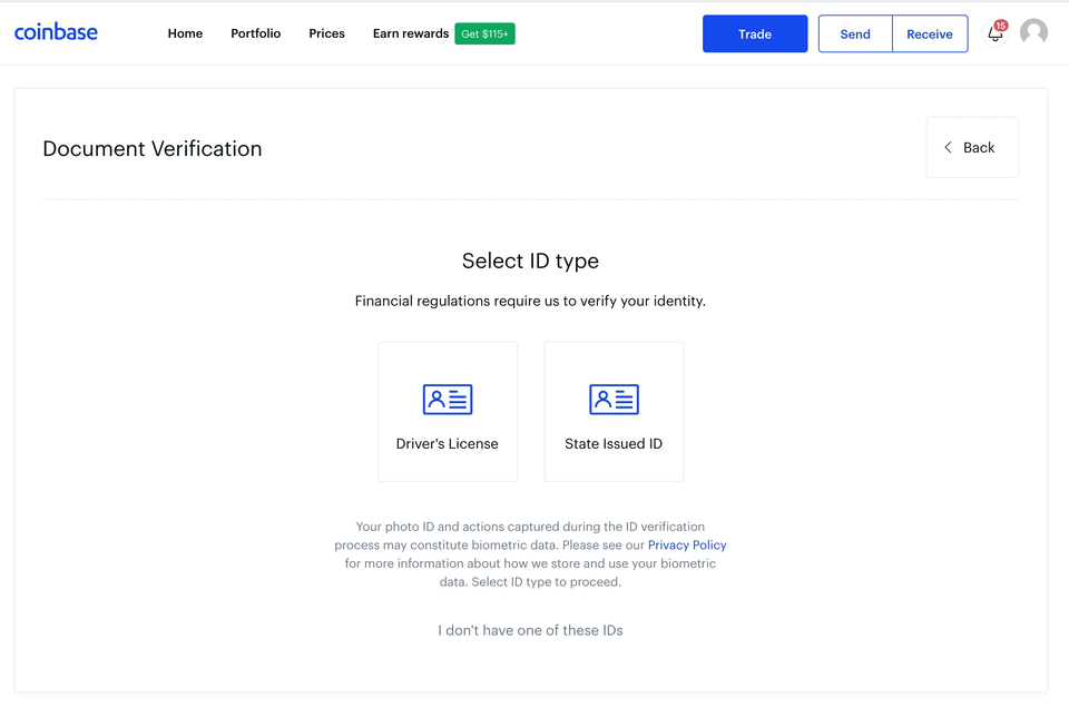 Coinbase Verification ID KYC