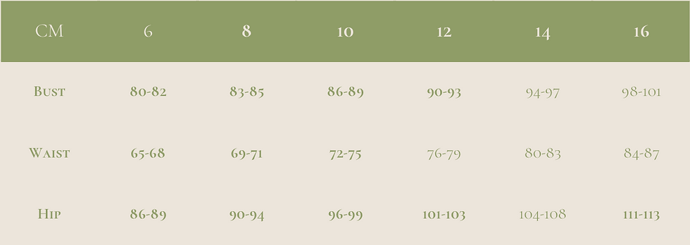 Size Chart with measurements