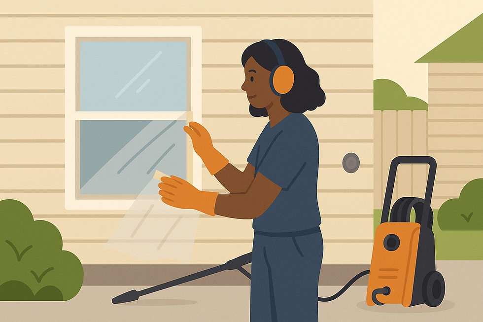 Flat-style digital illustration of a woman preparing a window with plastic and tape before pressure washing a beige vinyl home, wearing protective earmuffs and gloves, with a pressure washer nearby.