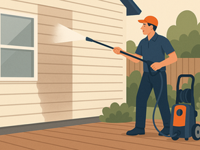 Flat vector illustration of a man pressure washing the siding of a two-story beige house, showing clear before-and-after cleaning contrast on the wall.