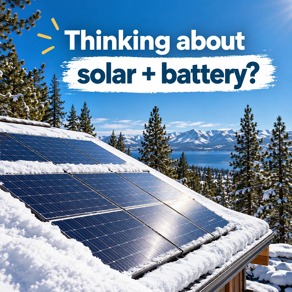 rooftop solar with snow on the roof and pine trees and blue sky in the background with the words "Thinking about solar + battery?