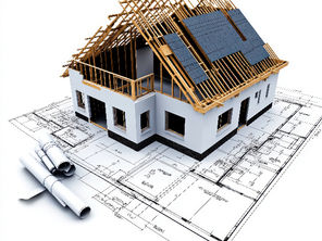 house with roof under construction showing solar panel design on top of a set of plans