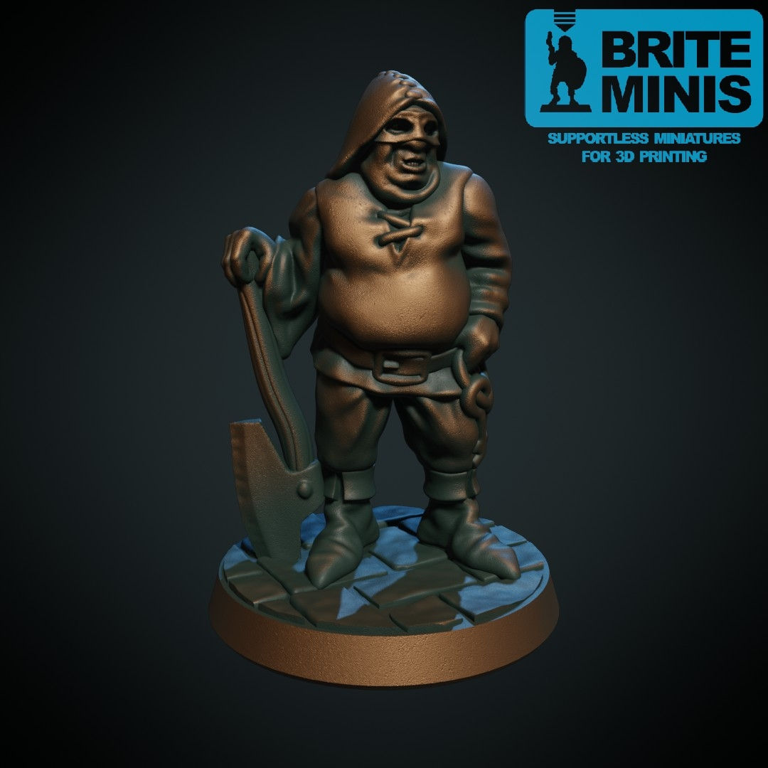 le bourreau du village en tenue de cuir , avec sa main gauche à la ceiture et main droite posée sur sa grande hache à deux mains.