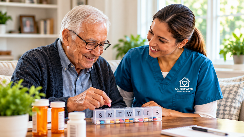 OCTIHEALTH home health professional helping an older adult organize medications safely at home.