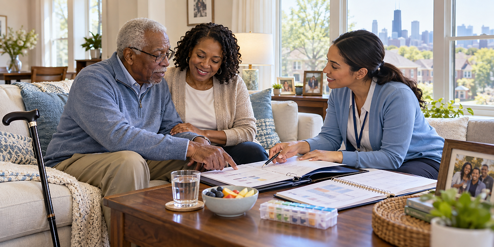 care-planning scene featuring a senior, family member, and care coordinator.