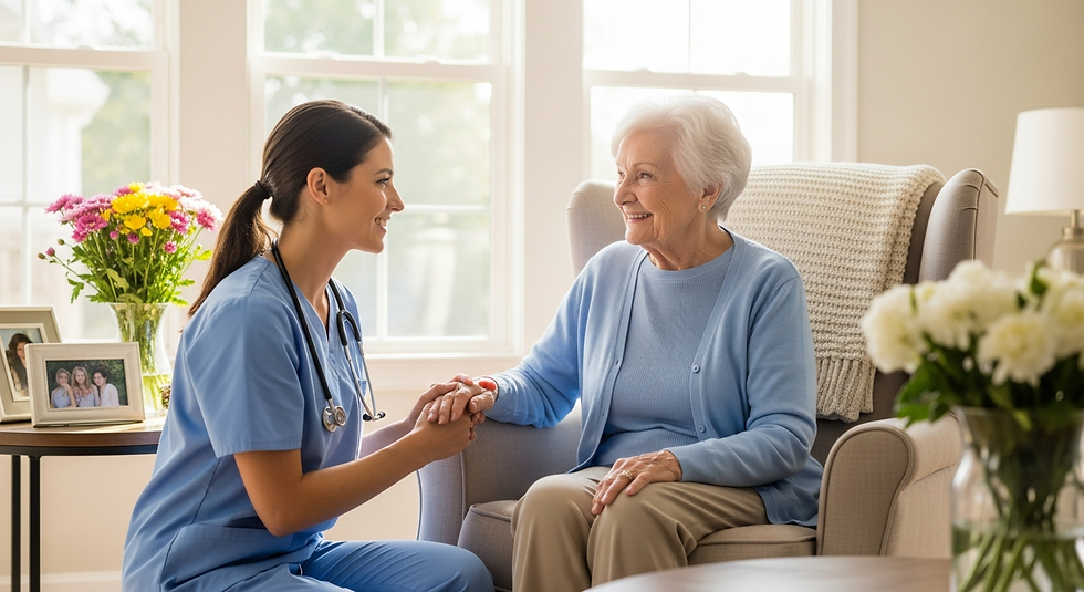 Home health nurse providing compassionate post stroke care to an older adult in a comfortable home setting, supporting recovery and independence.