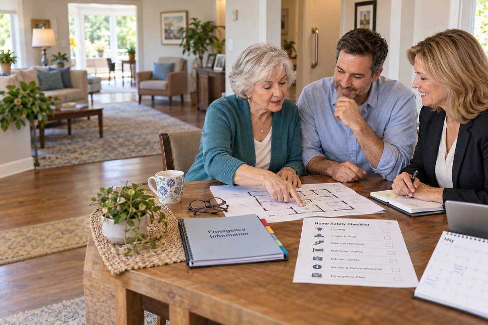 Older woman, her son, and a senior resource coordinator creating an aging-in-place and home safety plan together.
