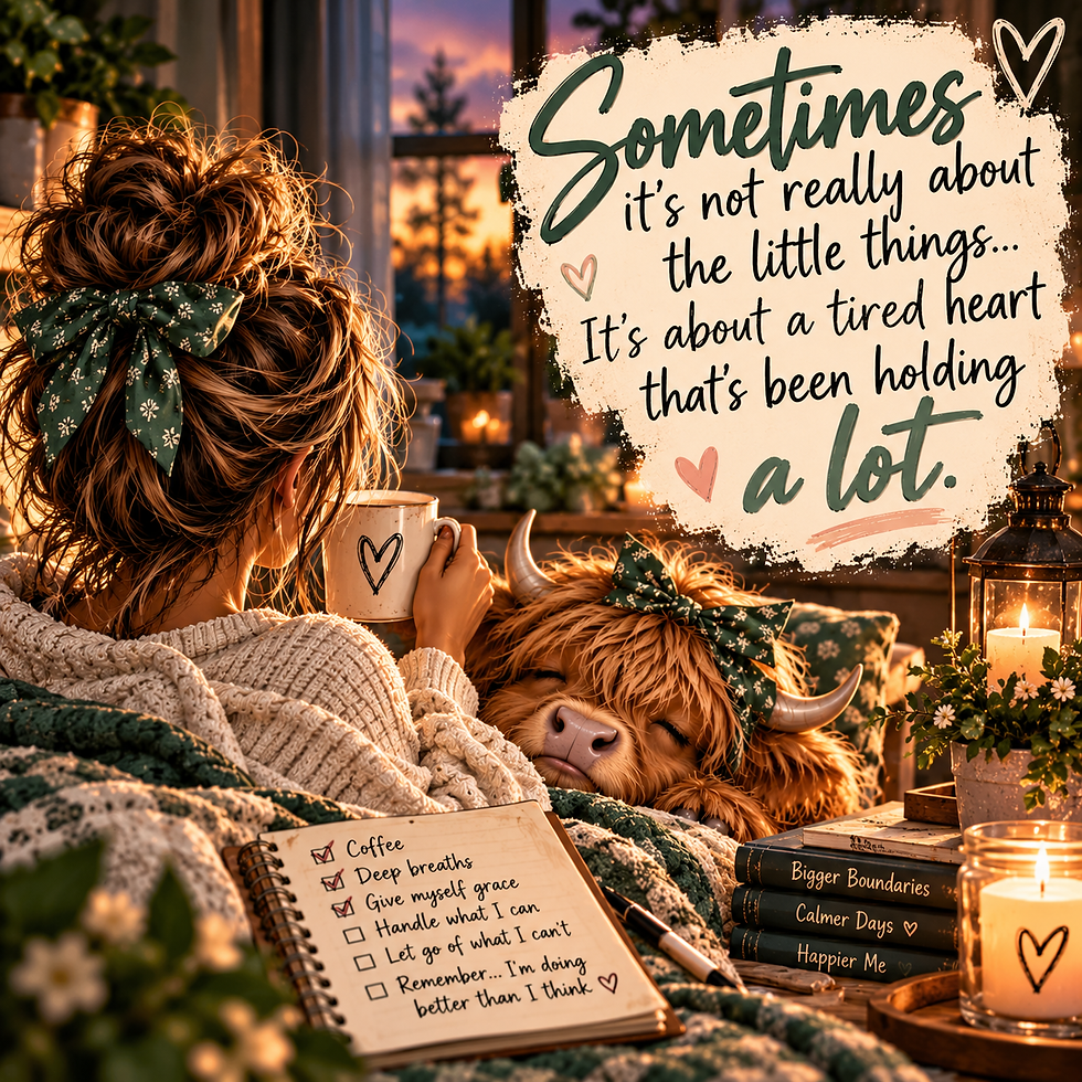 Warm, cozy sunset illustration featuring Moxie Mae relaxing beside Moo Sass, a fluffy Highland cow, in a peaceful reading nook with candles, books, and soft blankets. The image features the quote, āSometimes it's not really about the little things⦠It's about a tired heart that's been holding a lot.ā