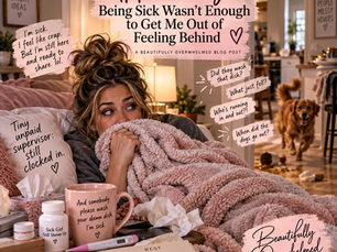 Woman resting sick in bed while household responsibilities continue around her, representing guilt about falling behind.