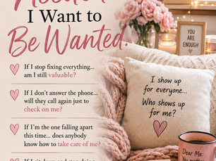 Cozy pink scene about feeling needed versus wanted, with questions about being valued, cared for, and appreciated