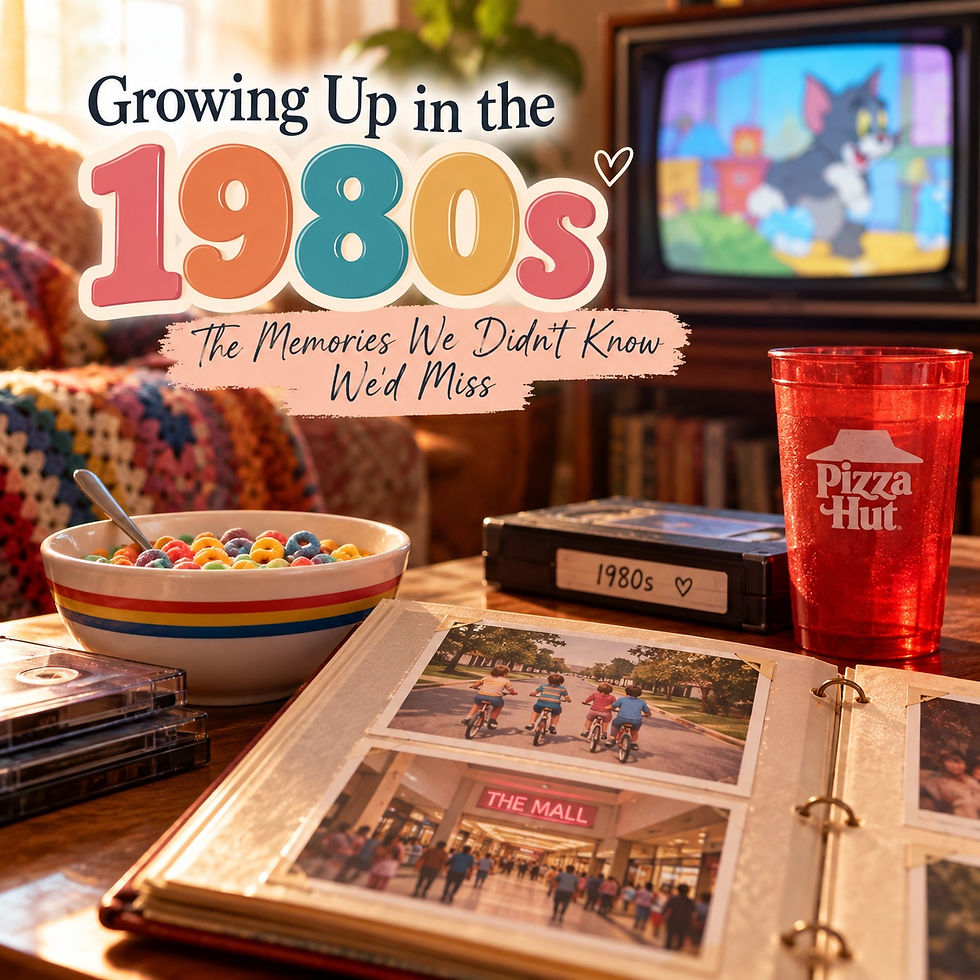 1980s nostalgia scene with cereal, cassette tapes, photo album, vintage TV and Pizza Hut cup