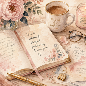 Open journal with handwritten reflections, coffee, flowers and glasses in a soft pink setting.
