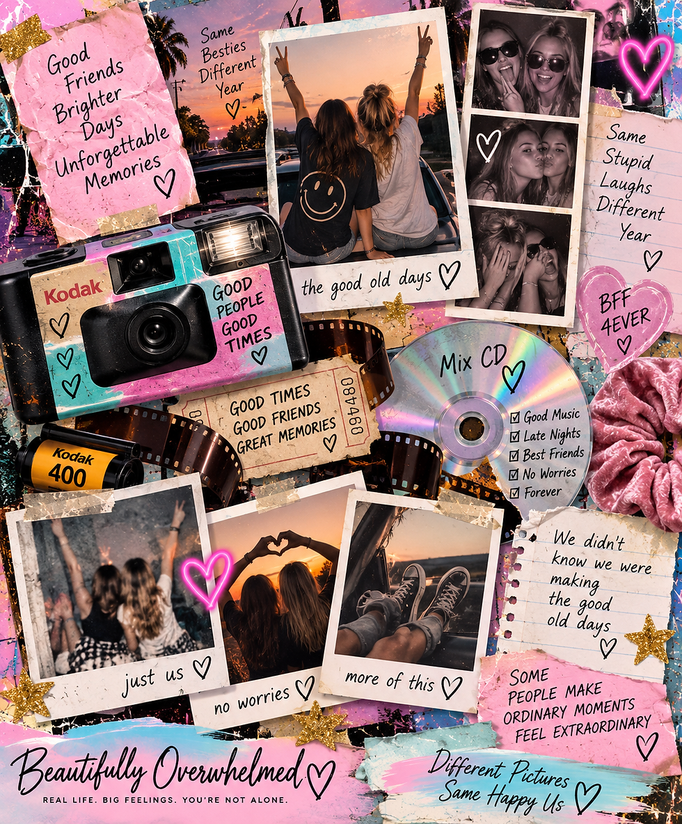 Nostalgic best friends scrapbook with disposable camera photos, film, a mix CD and handwritten memories from the 90s and early 2000s.